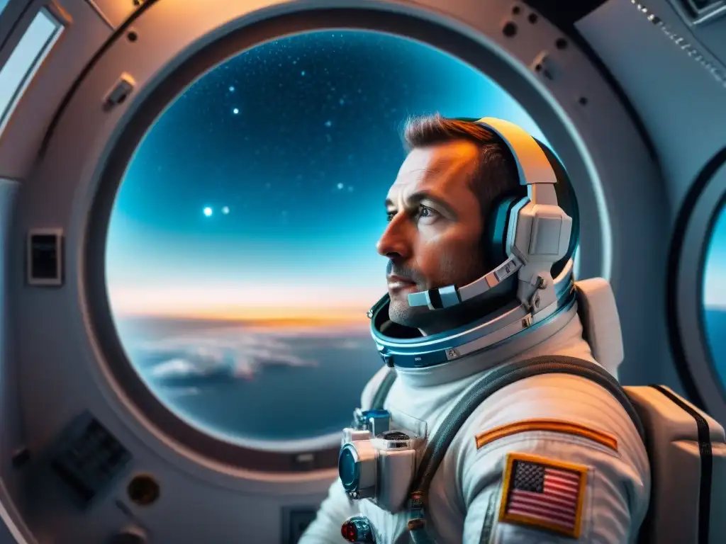 Un astronauta contemplativo observa el vacío del espacio desde la nave espacial, evocando los efectos en la salud mental