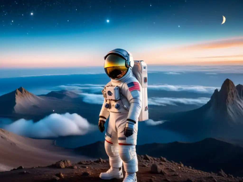 Un astronauta contempla el cosmos desde una plataforma, reflejando la majestuosidad de la certificación en seguridad defensa espacial