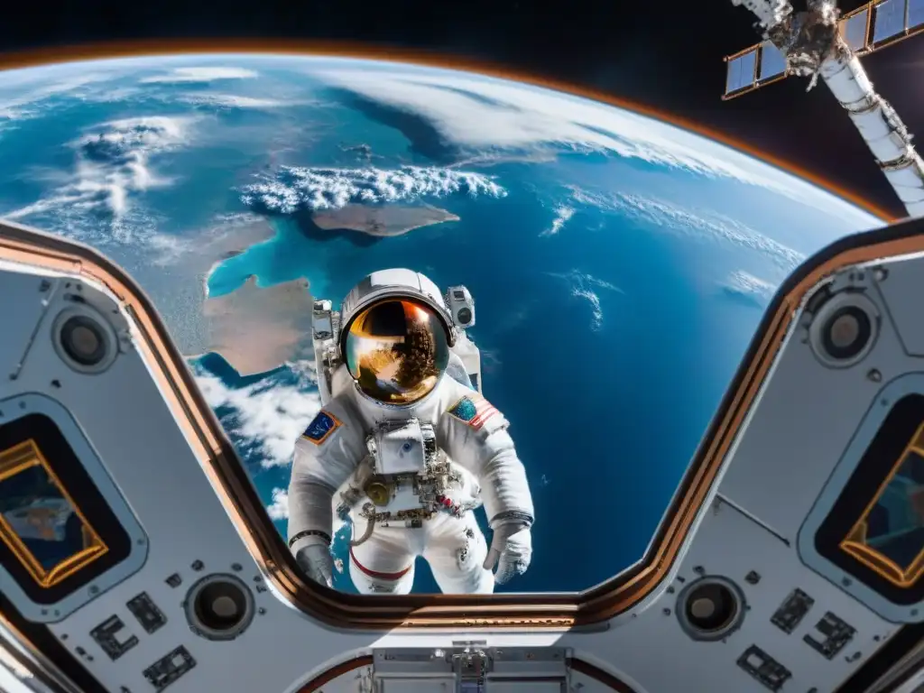 Astronauta flotando en la Cupola de la Estación Espacial Internacional, interactuando con panel de control