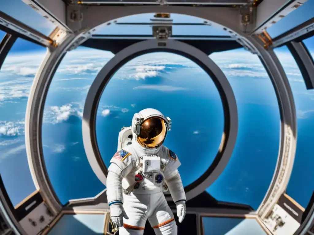 Un astronauta flotando en la Cupola de la Estación Espacial Internacional, maravillado por la vista de la Tierra