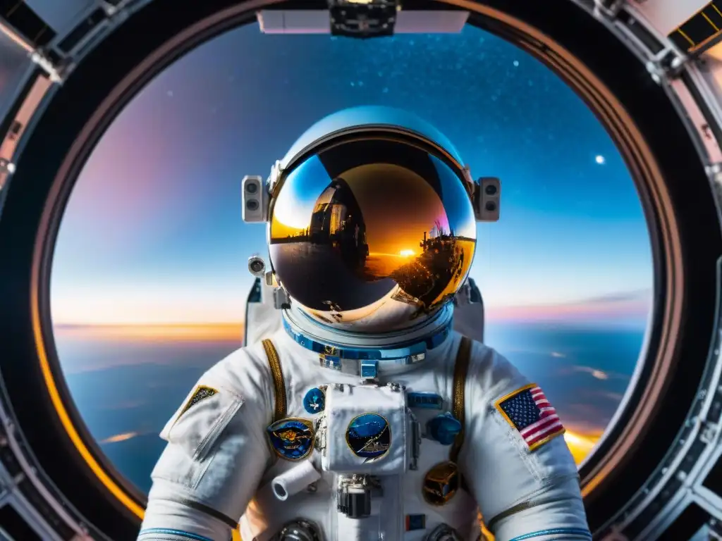 Astronauta flotando en la Cupola de la Estación Espacial Internacional, admirando la inmensidad del espacio