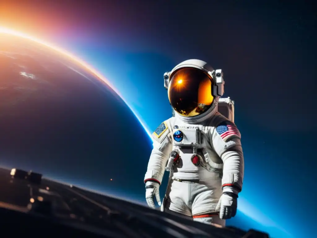 Un astronauta DJ Luca Parmitano flota elegante en el espacio, con la Tierra de fondo y una nebulosa reflejada en su casco, junto a una cabina de DJ