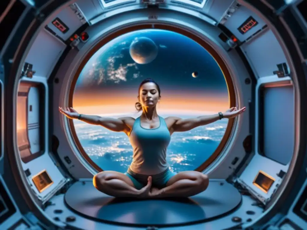 Un astronauta realizando grácilmente un ejercicio de yoga en la Estación Espacial Internacional, con la Tierra de fondo a través de una ventana