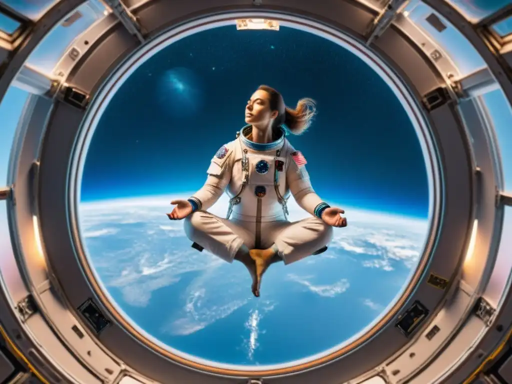 Astronauta realizando ejercicios de yoga en el espacio, mostrando fuerza y flexibilidad en gravedad cero