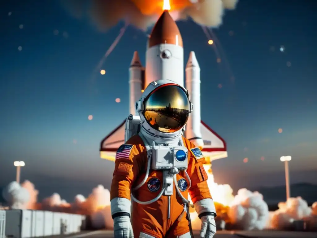 Un astronauta emocionado contempla un cohete mientras se prepara para despegar al espacio