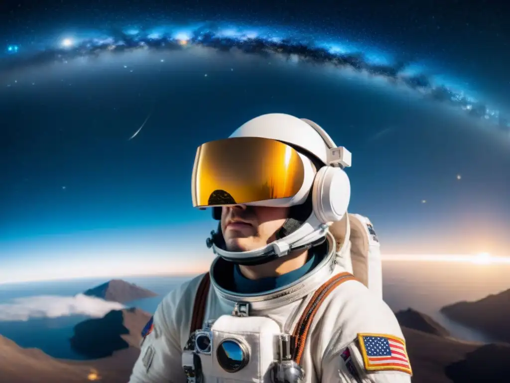 Un astronauta en entrenamiento espacial tecnología VR, inmerso en el espacio exterior