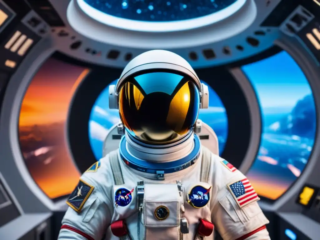 Astronauta en entrenamiento, inmerso en realidad virtual espacial con tecnología avanzada