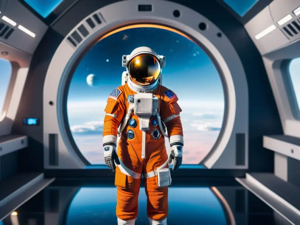 Astronauta en entrenamiento, listo para misiones espaciales, contempla el universo desde la sala futurista