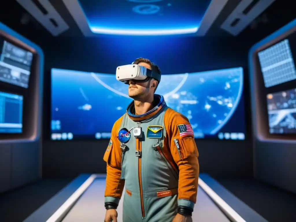 Astronauta en entrenamiento de realidad virtual, tocando la Estación Espacial Internacional en un ambiente tecnológico futurista y envolvente