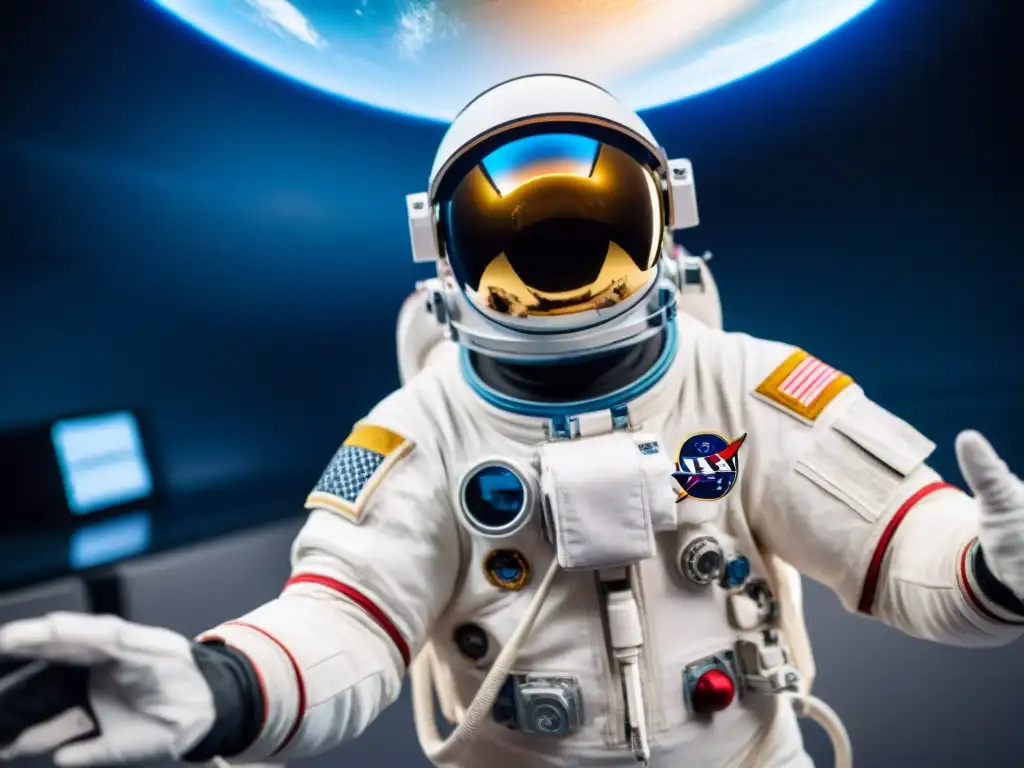 Astronauta en entrenamiento con realidad virtual en el espacio