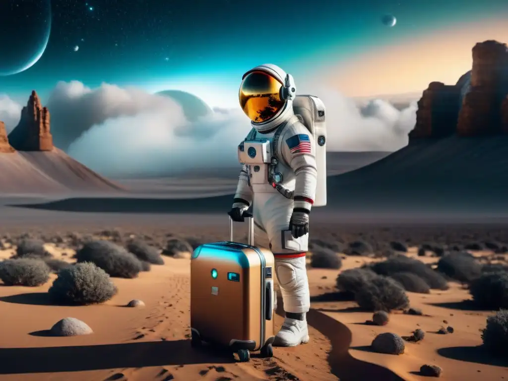 Astronauta ajustando el equipaje estelar para viaje espacial en paisaje cósmico