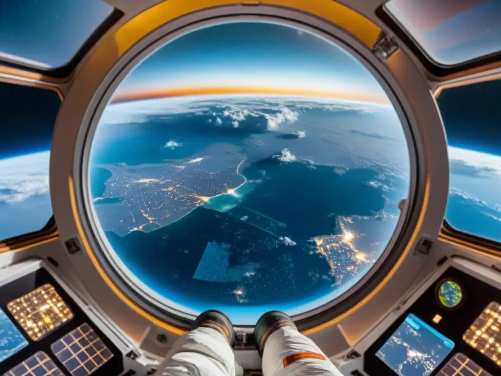 Astronauta en la Estación Espacial flotando en la Cupola, observando la Tierra