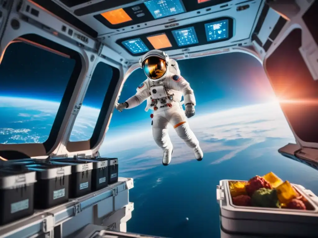 Astronauta en estación espacial alcanzando dieta espacial para astronautas en contenedores futuristas brillantes