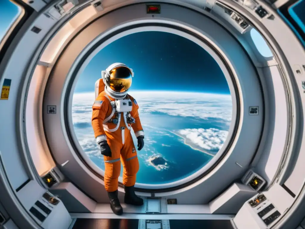 Astronauta en la estación espacial, viviendo en el espacio lecciones, contemplando la Tierra desde la ventana