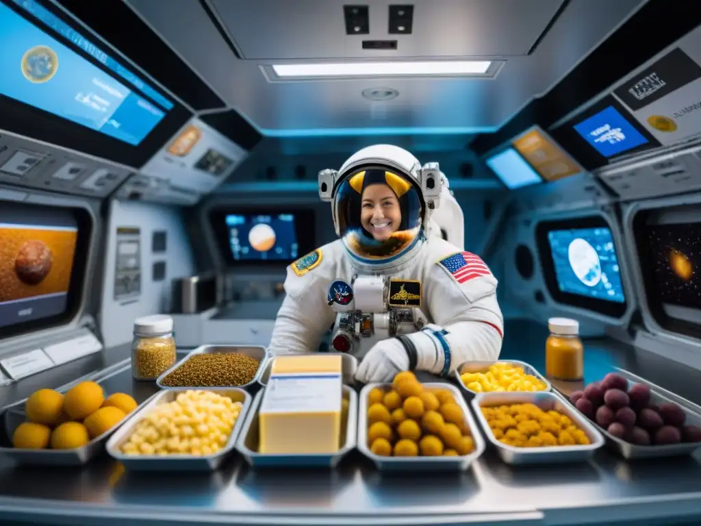 Un astronauta en la Estación Espacial Internacional rehidratando comida espacial mientras flotan paquetes de alimentos