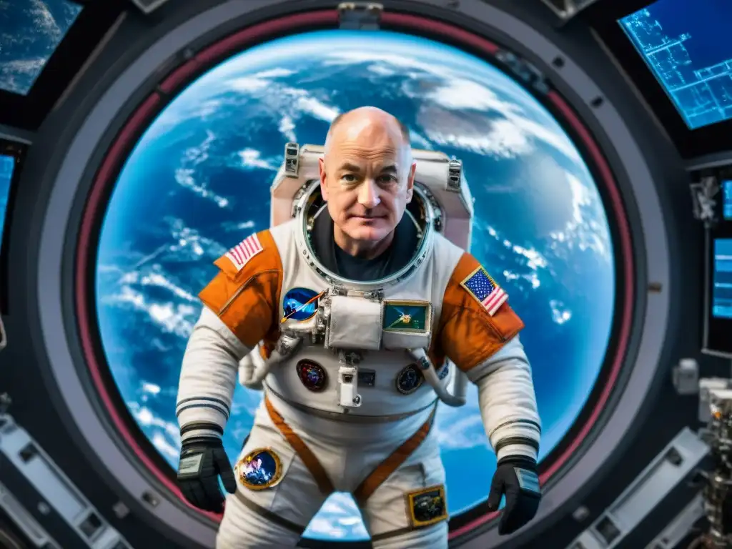 Astronauta Scott Kelly flotando en la Estación Espacial Internacional, rodeado de equipamiento científico y pantallas brillantes