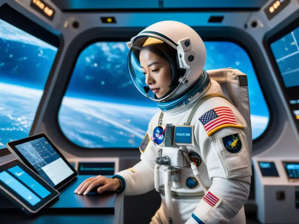 Un astronauta flotando en la Estación Espacial Internacional, rodeado de tecnología y vistas de la Tierra