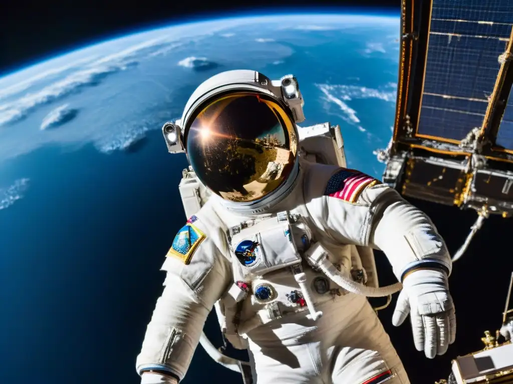 Un astronauta flota fuera de la Estación Espacial Internacional, reflejando la Tierra en su visor