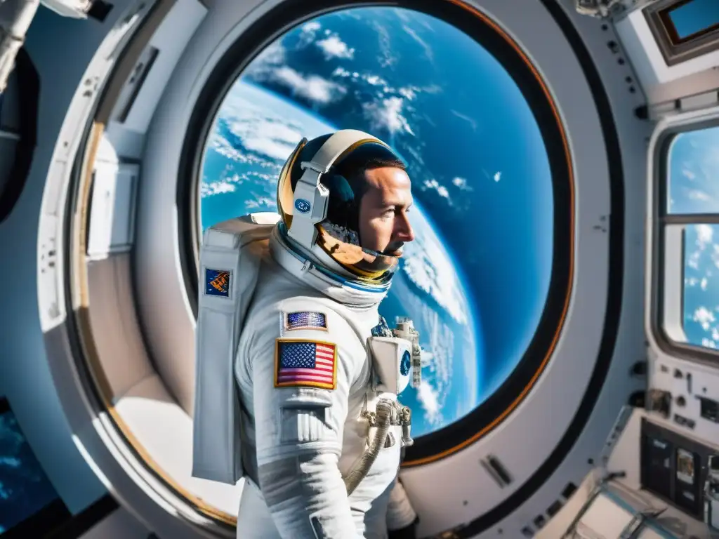 Un astronauta en la Estación Espacial Internacional contempla la Tierra, reflejando el entrenamiento psicológico para astronautas