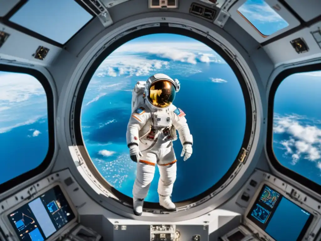 Astronauta flotando en la Estación Espacial Internacional, con vista de la Tierra en azul y blanco