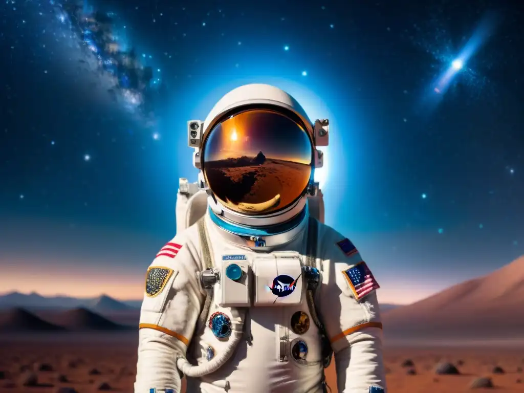 Un astronauta se prepara para una misión espacial rodeado de constelaciones, interactuando con equipo de comunicación