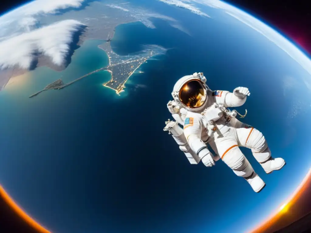 Un astronauta flotando en el espacio cerca de la Estación Espacial Internacional, reparando un panel solar