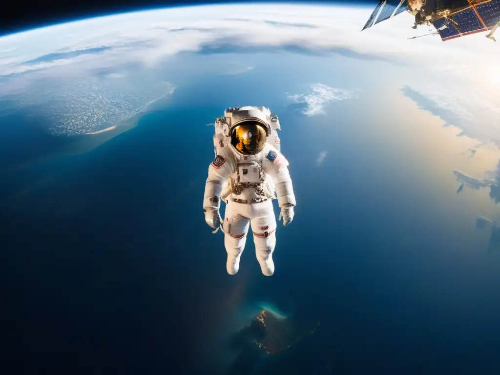 Astronauta flotando en el espacio cerca de la Estación Espacial Internacional, con la Tierra de fondo