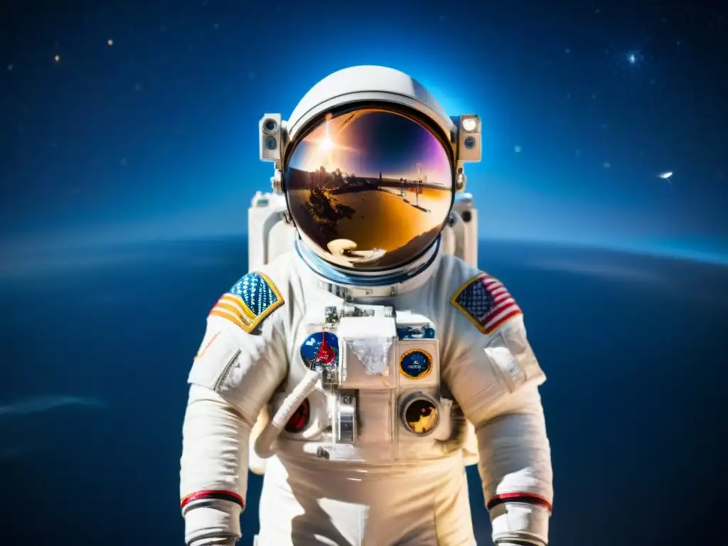 Un astronauta flotando en el espacio exterior cerca de una estación espacial, rodeado de estrellas y la Tierra