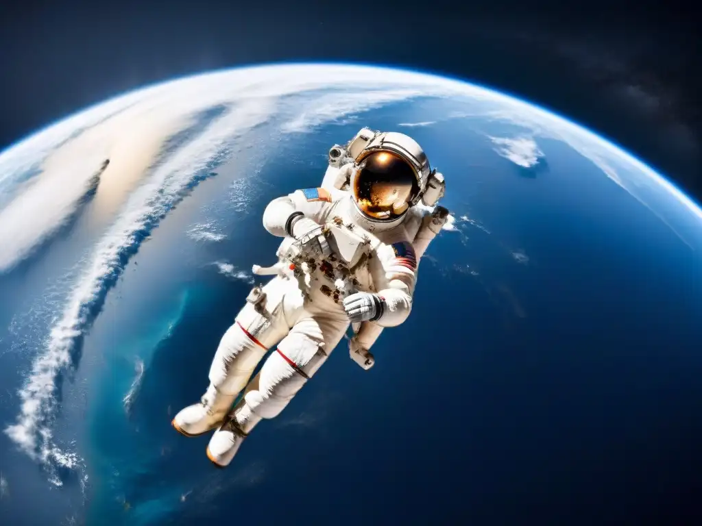 Exploración espacial: astronauta flotando entre estrellas y la Tierra Astronauta flotando en el espacio exterior, rodeado de estrellas