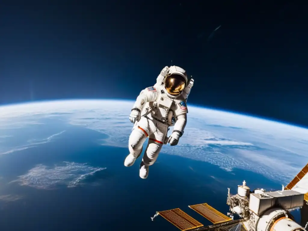 Astronauta flotando en el espacio exterior, con la Tierra de fondo y el reflejo de las estrellas