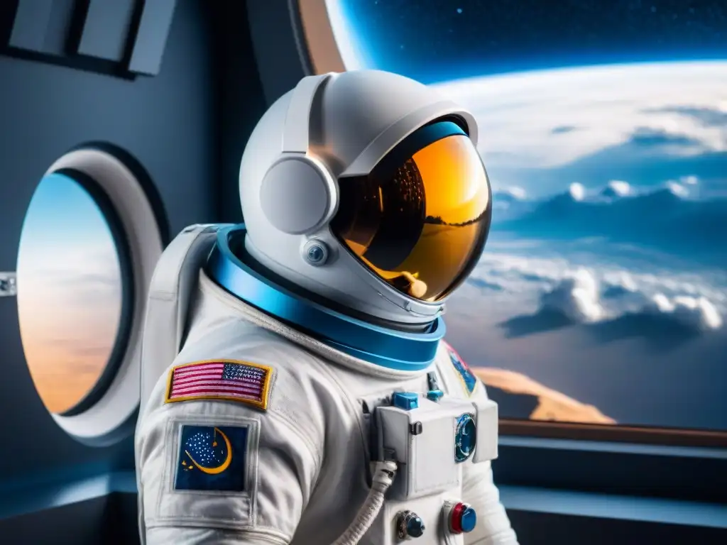 Un astronauta contempla el espacio exterior desde una ventana, reflejando soledad y asombro