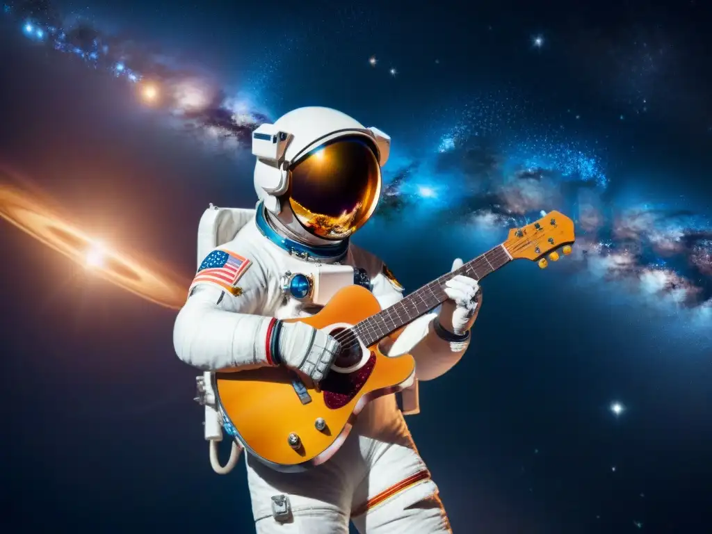 Un astronauta flotando en el espacio, con una guitarra espacial y galaxias brillantes a su alrededor