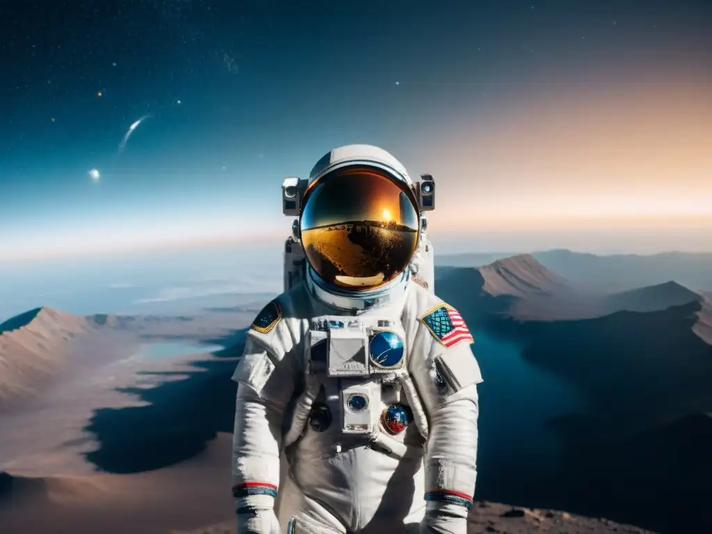 Un astronauta solo en el espacio, reflejo de la Tierra en su visor