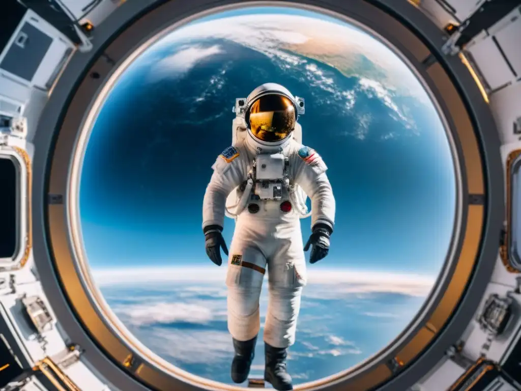 Astronauta flotando en el espacio, rodeado por una estación espacial, con la Tierra de fondo, reflejando la convivencia en estaciones espaciales