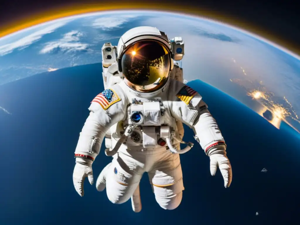 Un astronauta flotando en el espacio, rodeado de estrellas y la Tierra curvada abajo