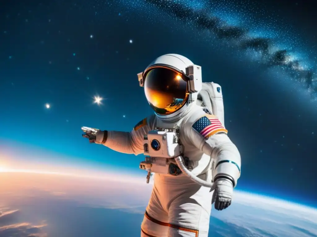 Un astronauta flotando en el espacio, rodeado de gadgets espaciales imprescindibles para fans, con tecnología futurista y deslumbrante holograma