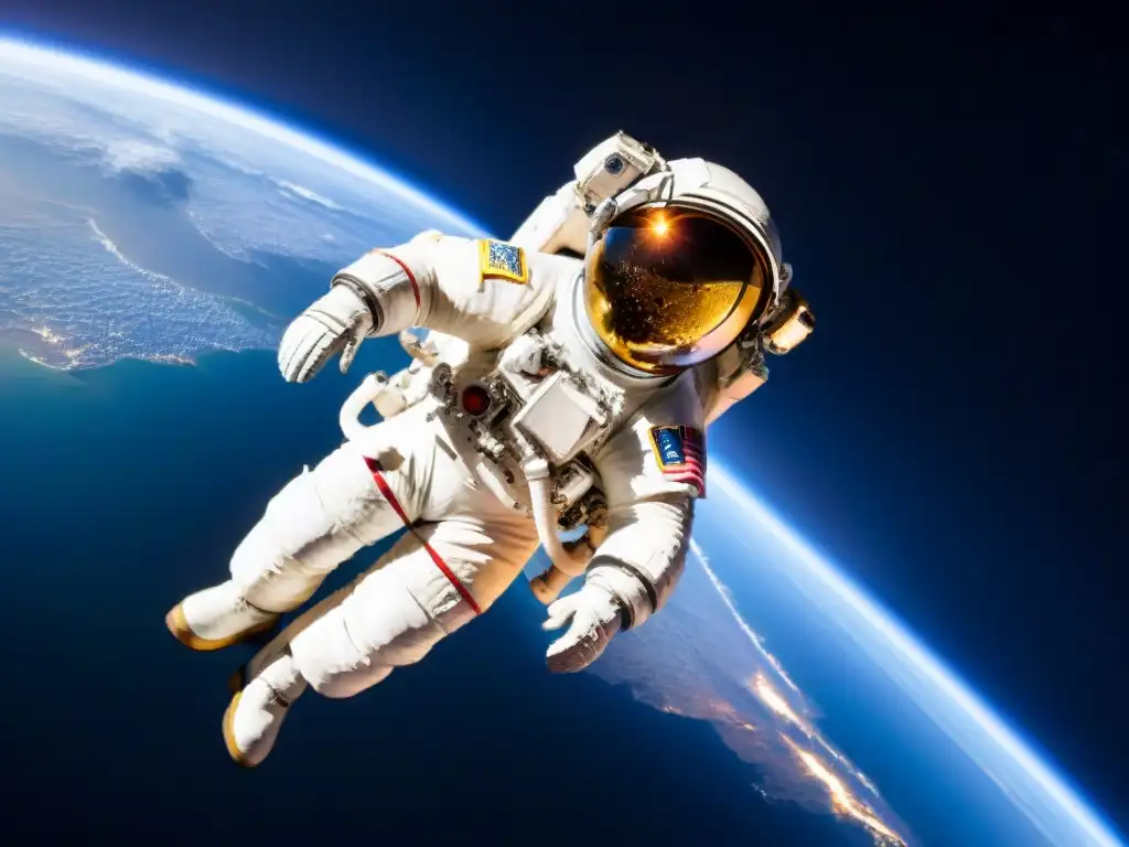 Astronauta flotando en el espacio, admirando la Tierra desde la ISS Un astronauta flotando en el espacio, rodeado por el resplandor hipnotizante de la Tierra