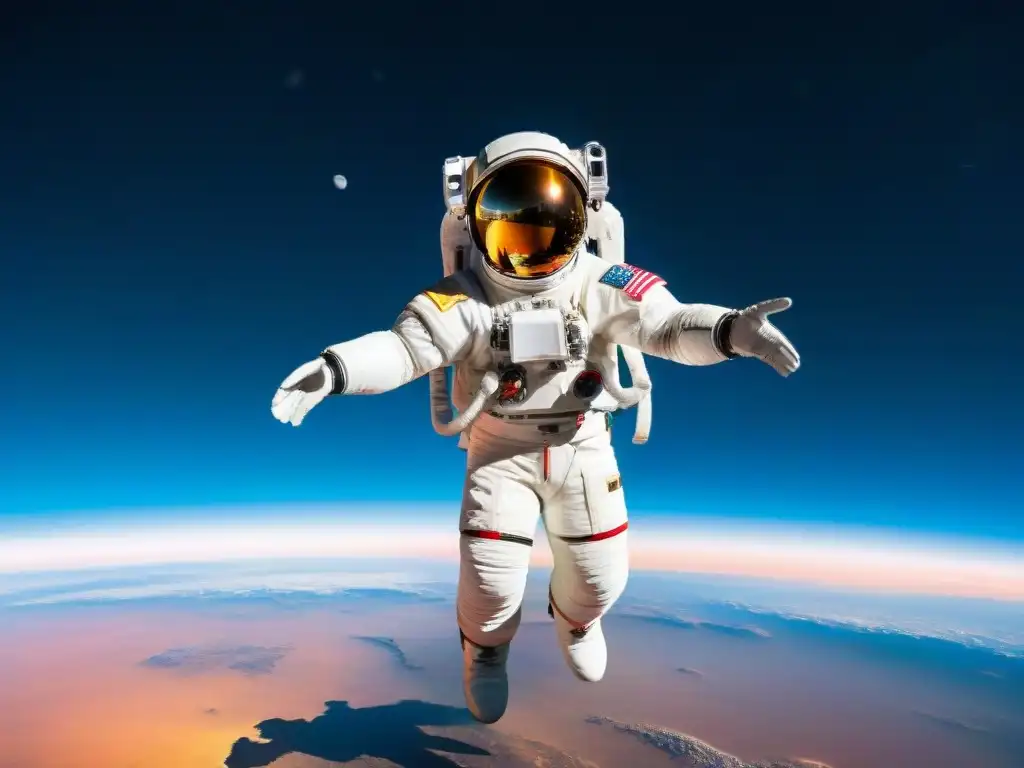 Trajes espaciales futuristas: elegancia en la exploración del cosmos Un astronauta flotando grácilmente en el espacio, rodeado de trajes espaciales futuristas y coloridos diseñados para la exploración