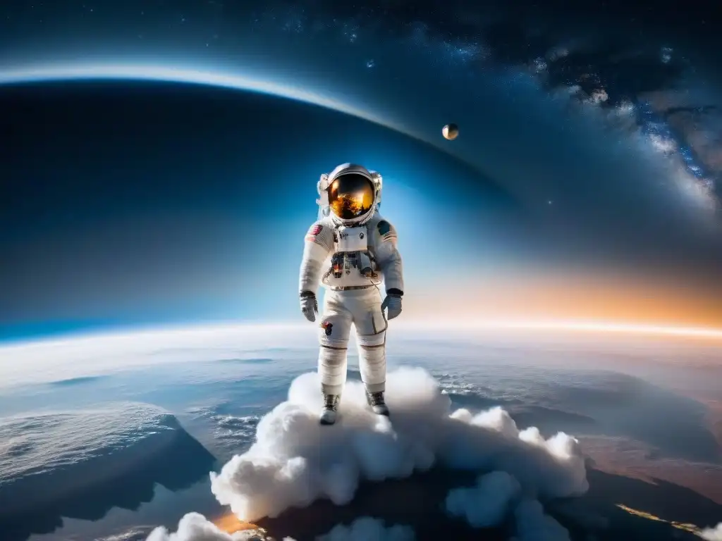 Exploración espacial: soledad y maravilla en el cosmos Astronauta flota en el espacio, reflejando la Tierra y estrellas lejanas en su visor