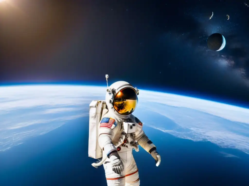 Astronauta John Young flotando en el espacio, con la Tierra de fondo, reflejada en su visor, su mano extendida hacia las estrellas