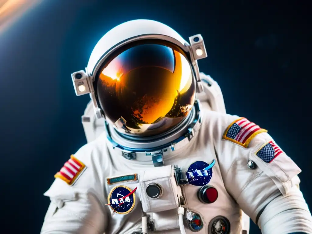 Un astronauta flota elegantemente en el espacio, con la Tierra de fondo, reflejada en su visor