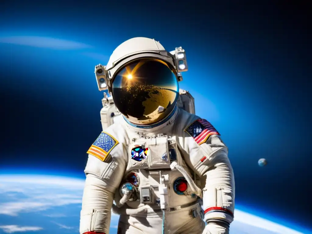 Astronauta flotando en el espacio, reflejando la Tierra en su visor