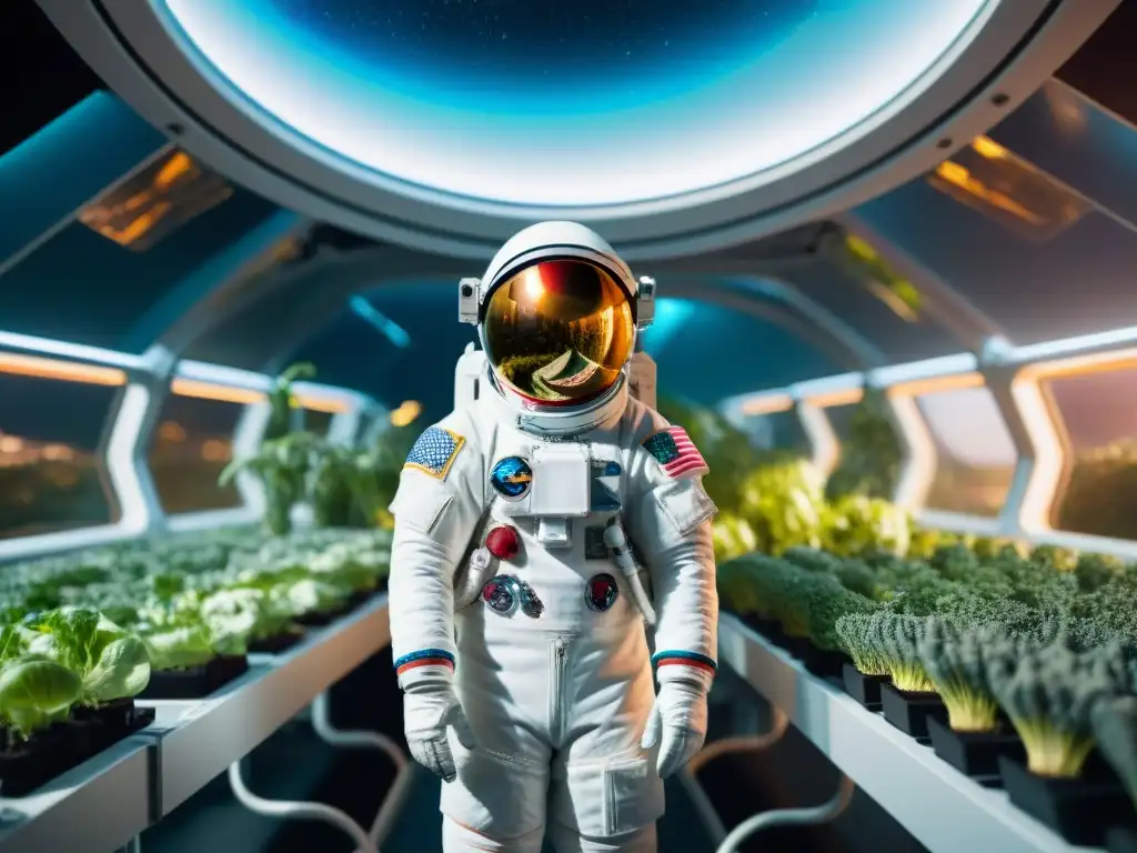 Un astronauta cuida un jardín en una estación espacial: agricultura espacial para misiones