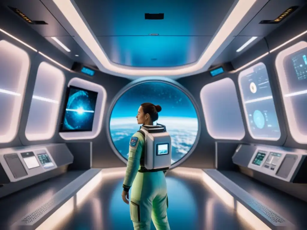 Un astronauta en una estación espacial futurista, rodeado de tecnología médica avanzada y monitores mostrando datos de salud