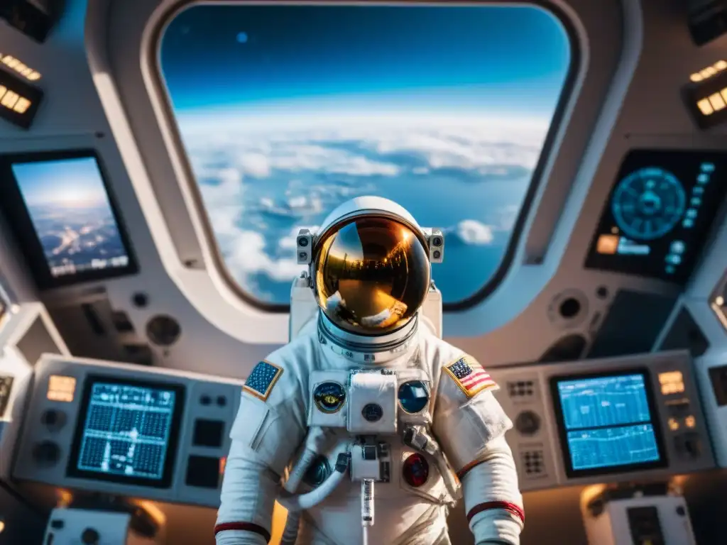 Astronauta en la estación espacial: calma y determinación en el espacio Un astronauta flotando en una estación espacial, rodeado de paneles luminosos y la Tierra al fondo