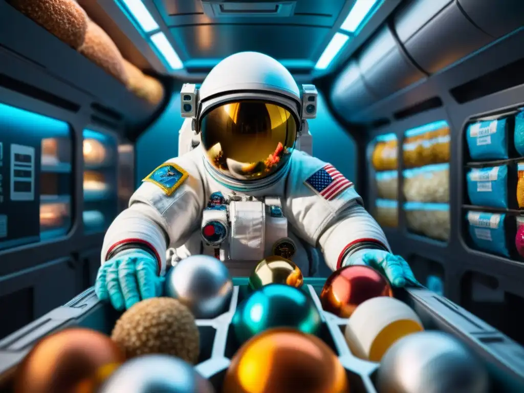 Un astronauta flotando en una estación espacial rodeado de alimentos futuristas en microgravedad