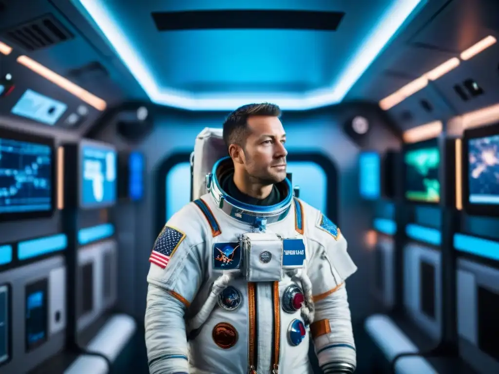 Astronauta flotando en estación espacial futurista Un astronauta flotando en una estación espacial rodeado de tecnología futurista y pantallas con indicadores de salud mental