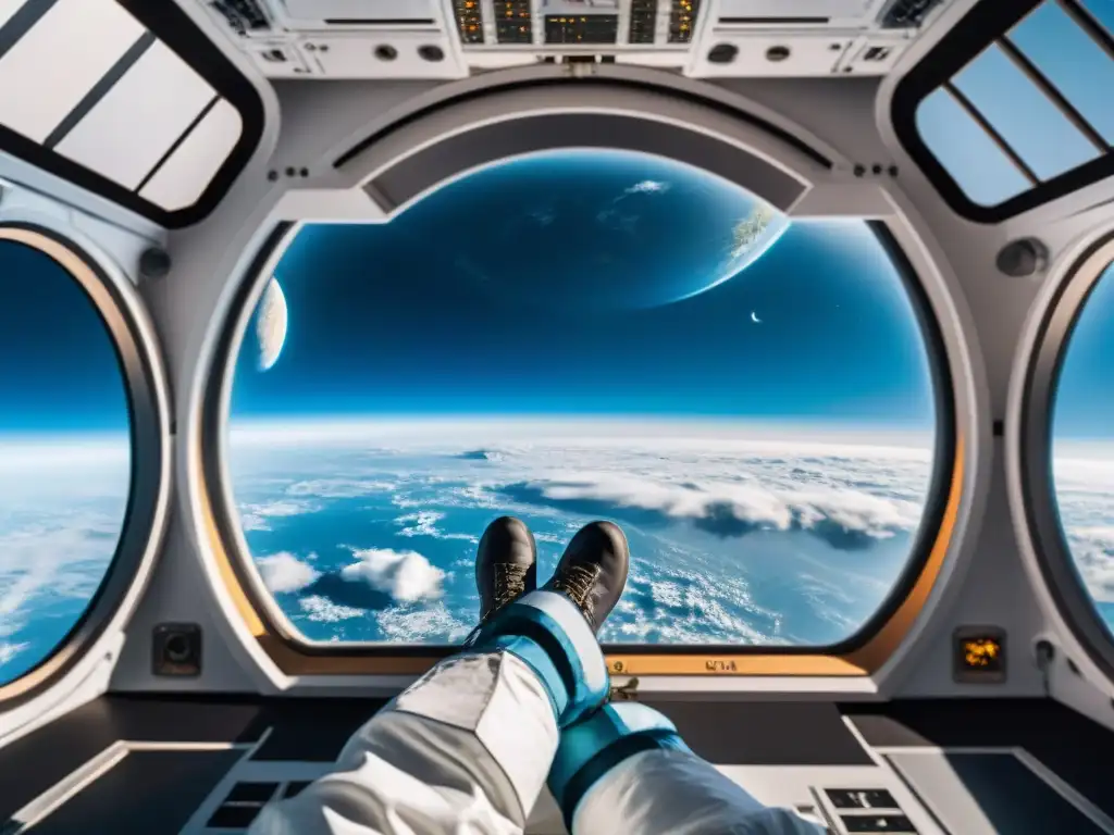 Explorando el cosmos: maravilla y concentración desde la estación espacial Un astronauta maneja el estrés en el espacio, interactuando con paneles de control en la estación mientras contempla la Tierra desde una ventana