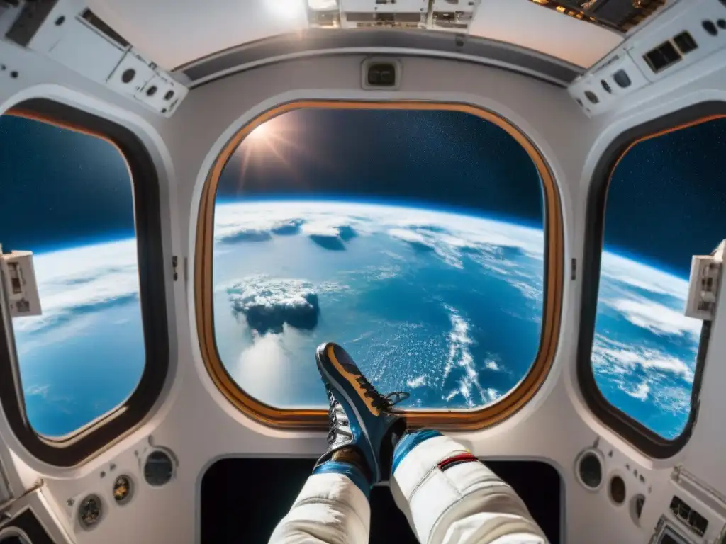 Un astronauta flota en la cupola de la Estación Espacial Internacional, contemplando estrellas y la Tierra, en una escena de exploración espacial