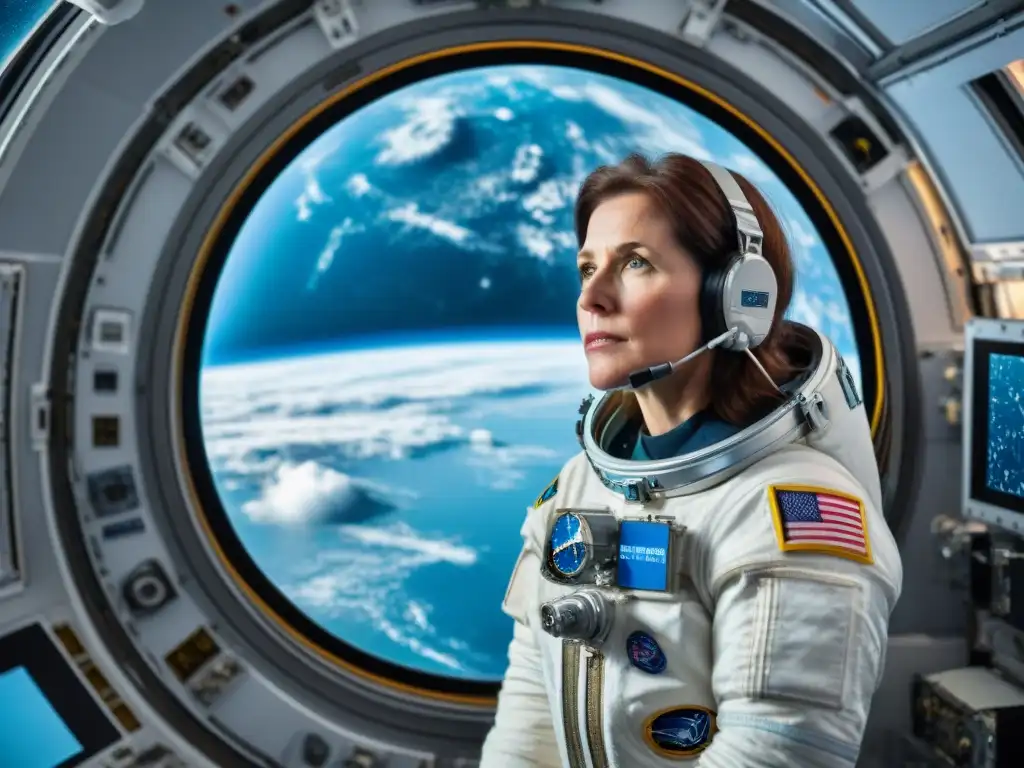 La astronauta madre Anna Lee Fisher flota en la Estación Espacial Internacional, realizando experimentos en gravedad cero